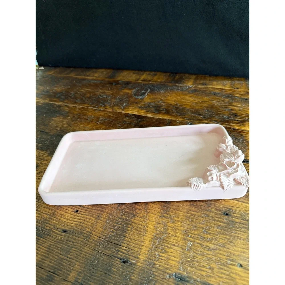Vintage Dina Pink Soapstone Vanity Tray with Floral Design - Signed DINA